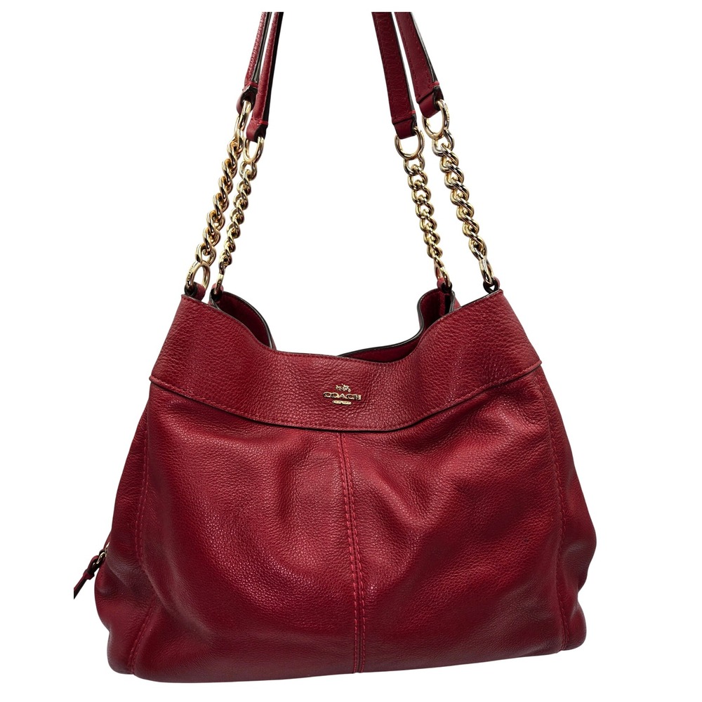 Coach Lexy Leather Shoulder Bag with Chain Straps Red Satchel Purse - Picture 2 of 10